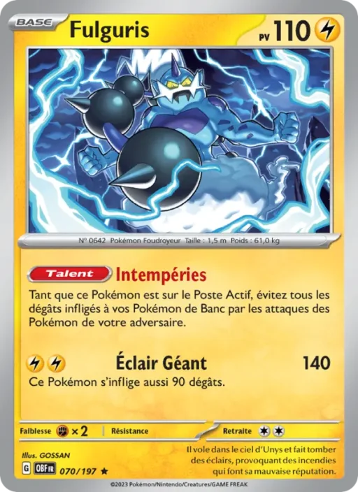 Carte Pokémon Fulguris 070/197 Rare Flammes Obsidiennes