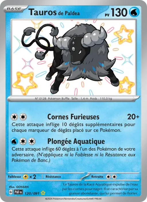 Carte Pokémon Tauros de Paldea 120/091 Shiny rare Destinées de Paldea