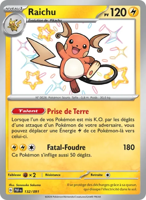 Carte Pokémon Raichu 132/091 Shiny rare Destinées de Paldea