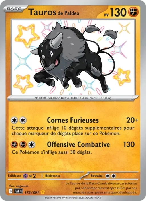 Carte Pokémon Tauros de Paldea 172/091 Shiny rare Destinées de Paldea