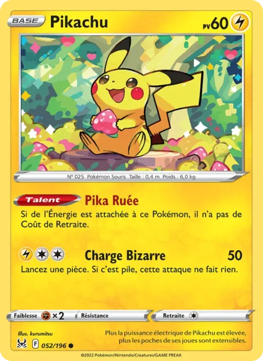 Carte Pokémon Pikachu 052/196 Commune Origine Perdue