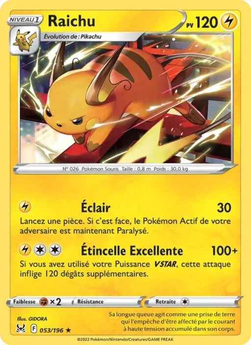 Carte Pokémon Raichu 053/196 Rare Origine Perdue