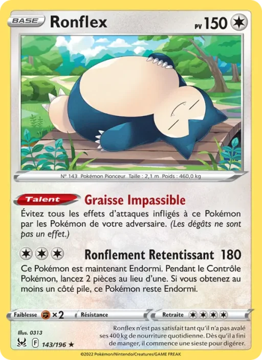 Carte Pokémon Ronflex 143/196 Holo Rare Origine Perdue